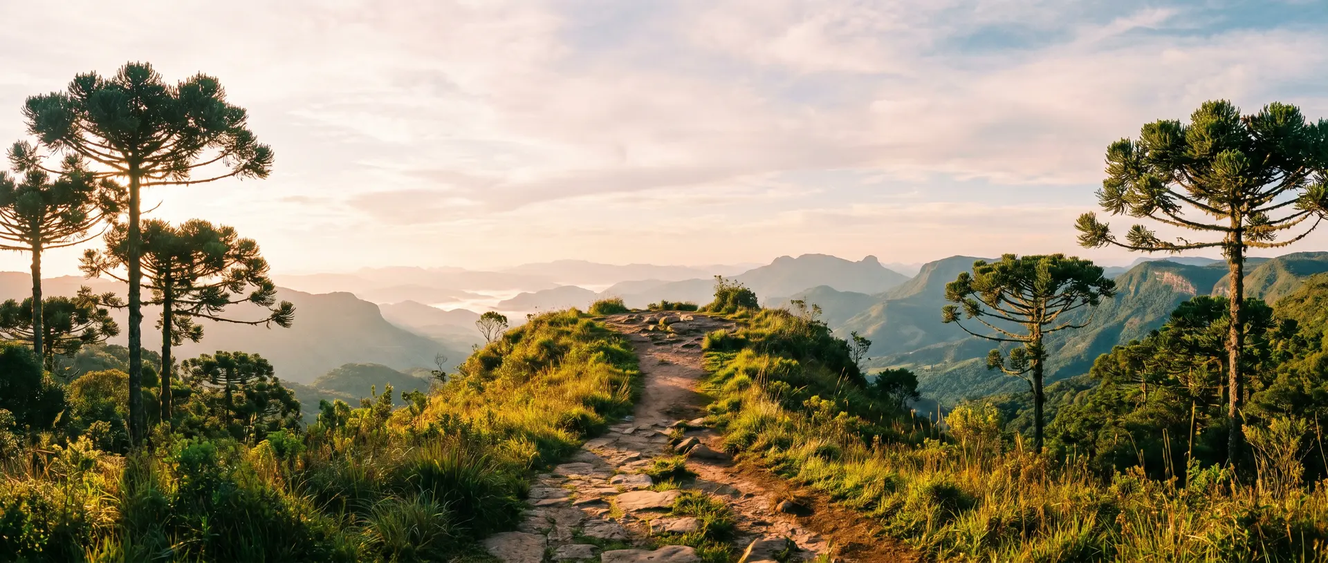 Trilha subindo pra um mirante da serra do Paraná ao pôr do sol, entre araucárias